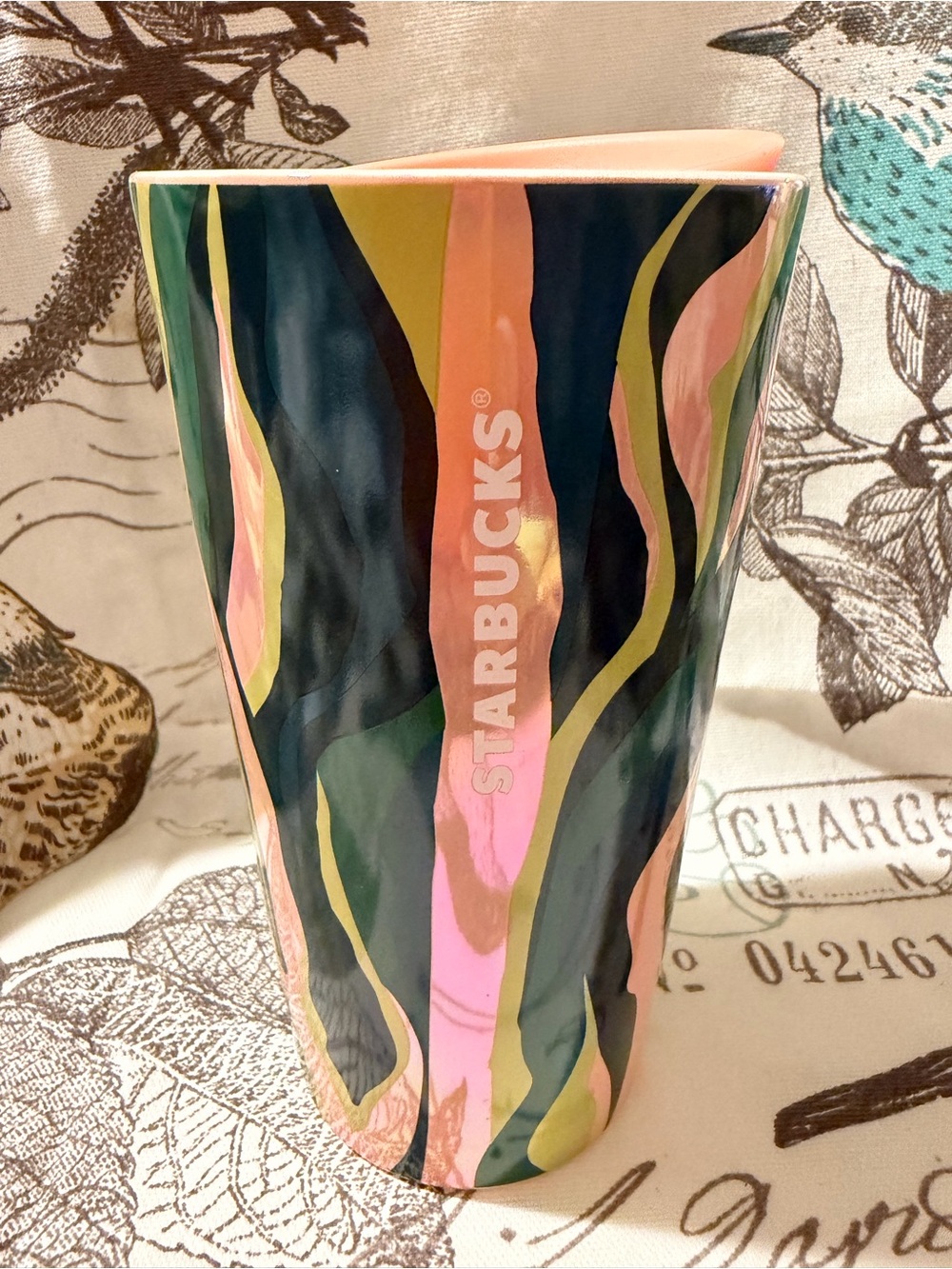 Starbucks Ceramic Travel Mug in Pink, Green & Gold Abstract Waves
